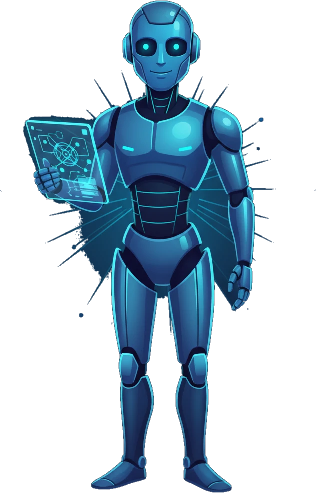 The UHIY assistant robot holding a glowing dashboard